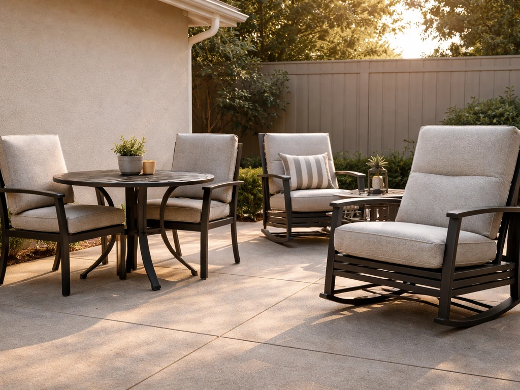 OUTsunny-style patio dining set and lounge chair on a clean home patio in warm sunlight.
