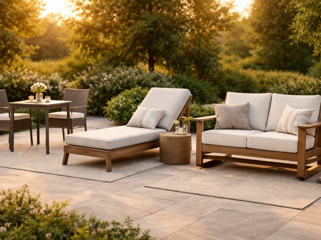 Three OUTsunny patio furniture categories—dining set, adjustable chaise, and glider—shown side-by-side outdoors.
