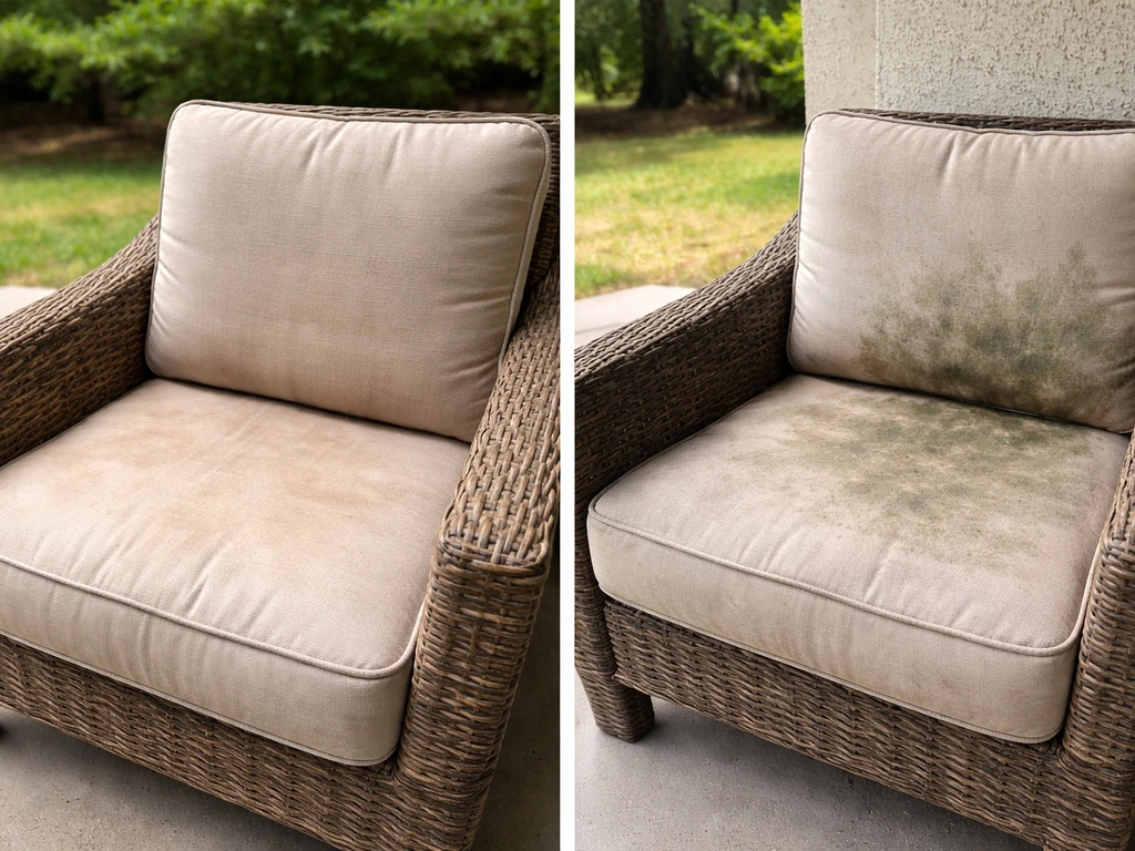 Split patio view: one sun-faded cushion and one rain-humidity weathered cushion under a cover.