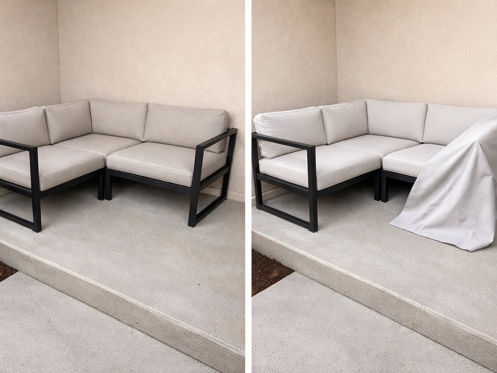 Cleaned OUTsunny-style outdoor cushion cover and powder-coated metal frame in a simple outdoor patio setup.