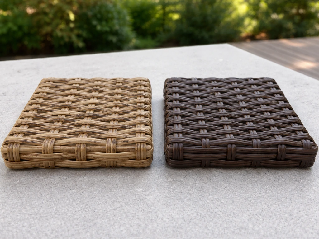 Two wicker material swatches side-by-side: natural weave on the left, resin weave on the right.