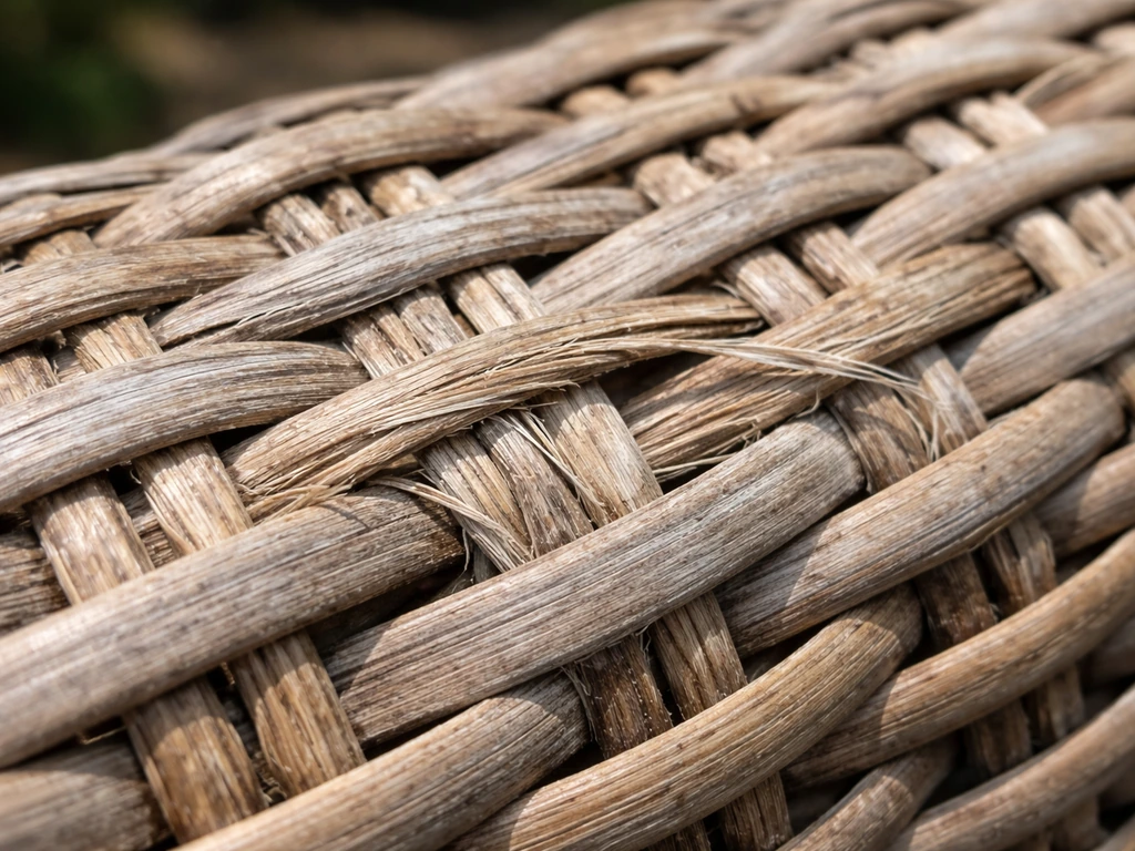 Close-up of wicker showing UV fading and chalky, bleached fibers in natural light.