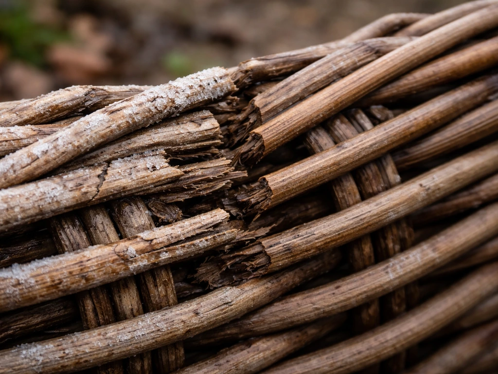 Close-up of natural wicker strands with visible cracks after freeze-thaw cycling, contrasted with intact strands