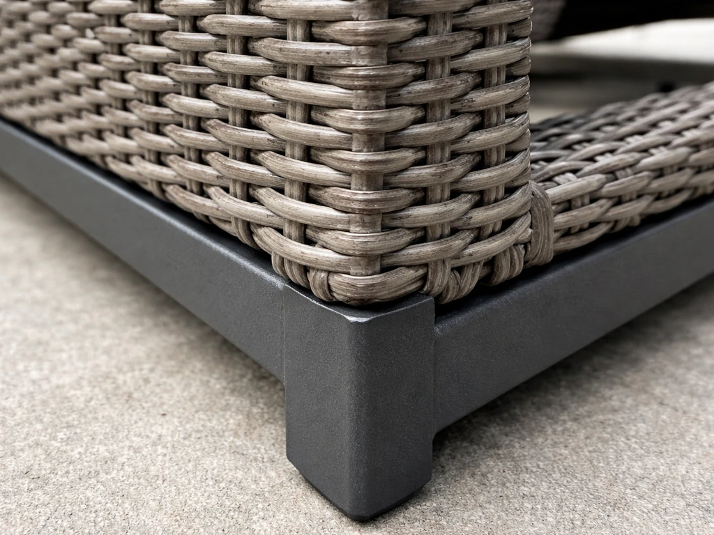 Close-up of resin wicker tightly woven over a powder-coated aluminum frame with visible base weave points