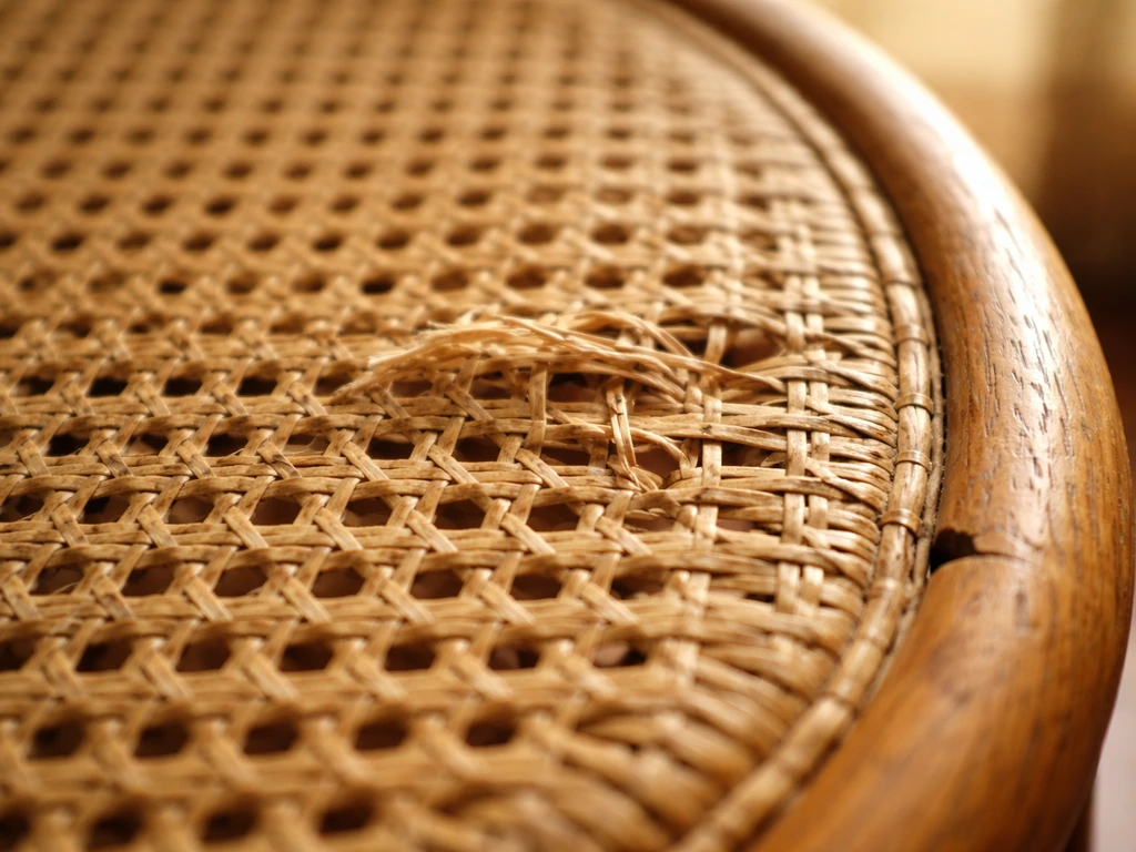 Close-up of wicker chair showing one fraying strand and surrounding sagging weave near the frame