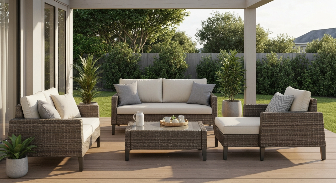 Inviting patio with synthetic resin wicker seating on a powder-coated aluminum frame, neutral cushions, and potted plants.