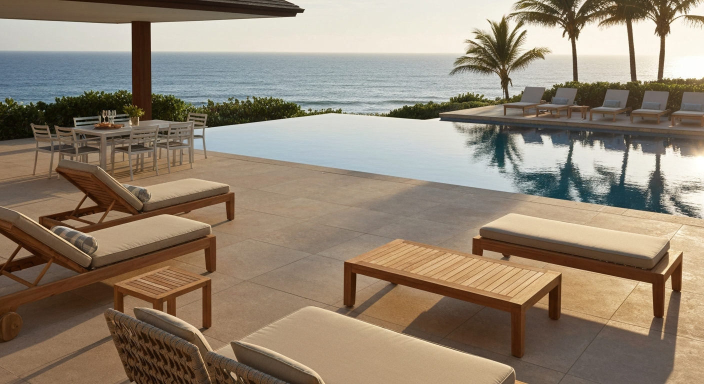 Resort-style patio with teak and powder-coated aluminum furniture beside a pool at golden hour