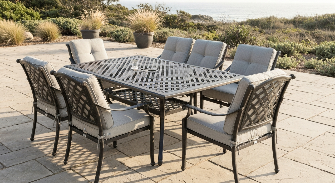 Ornate cast aluminum 7-piece patio dining set with neutral cushions on a sunlit stone patio, showing detailed scrollwork and powder-coated finish.
