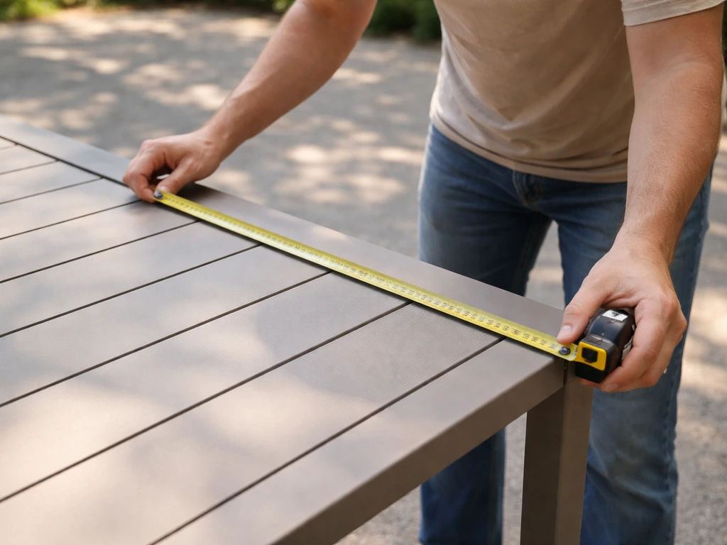 Person measuring patio table width at its widest point with a tape measure for a properly fitting cover.