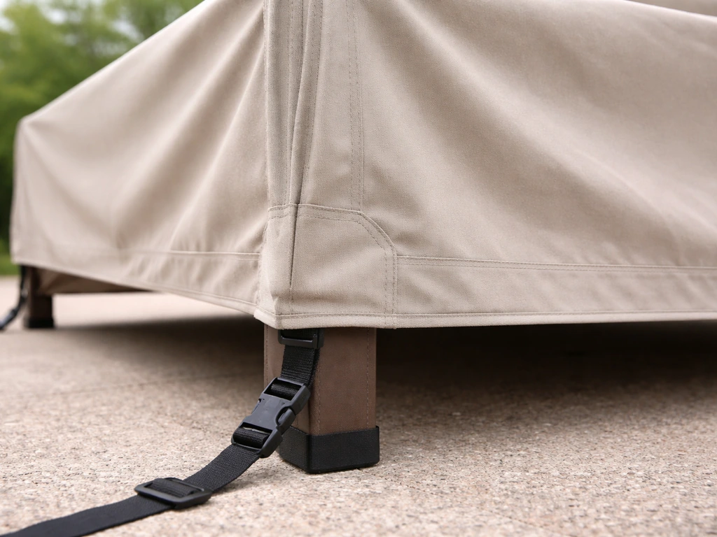 Outdoor cover pulled taut with visible straps and reinforced corners to prevent wind flapping.