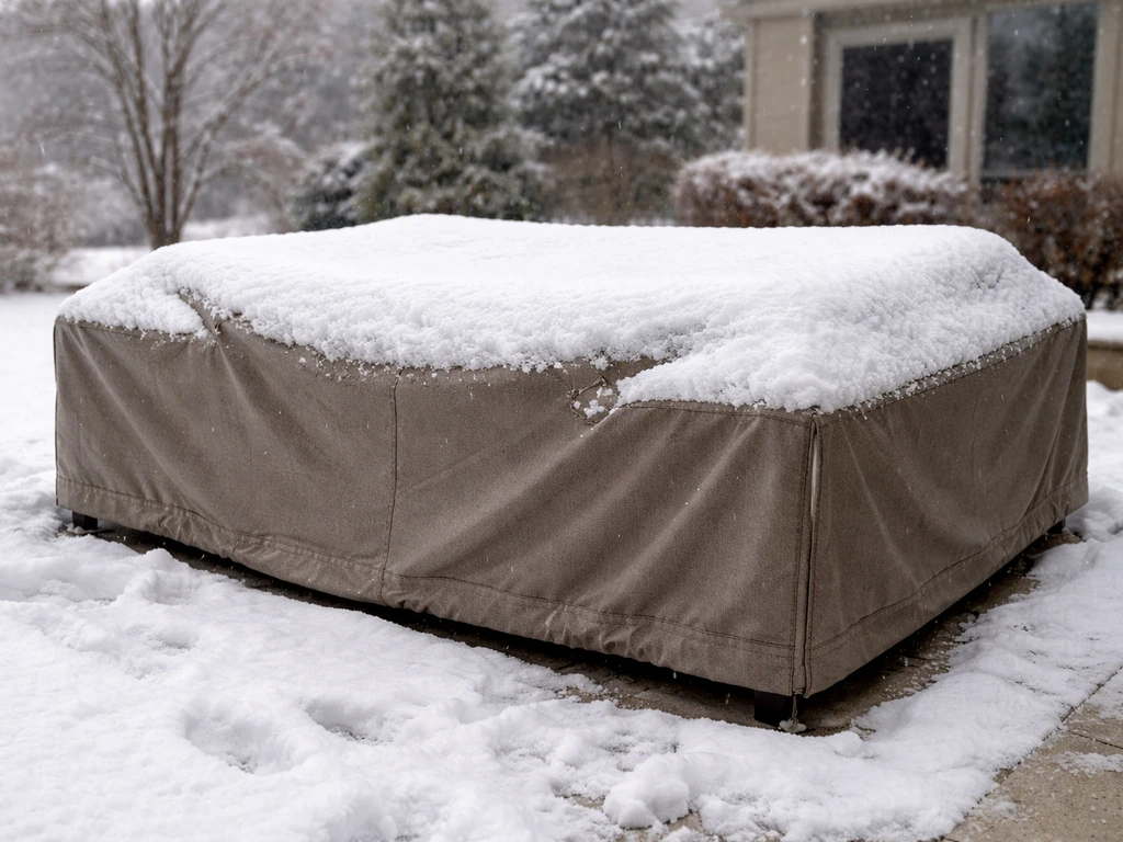 Winter patio with a thick heavy-duty cover holding snow load over outdoor furniture.