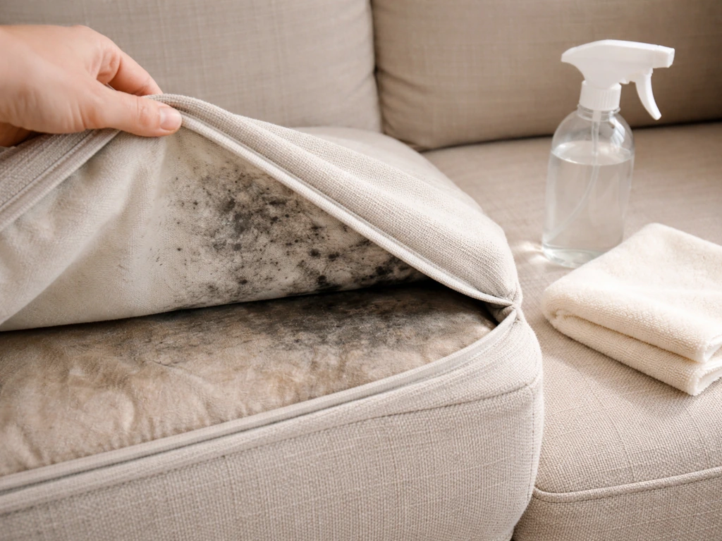 Close-up of a lifted furniture cover showing mildew and dampness with clean cloth nearby.