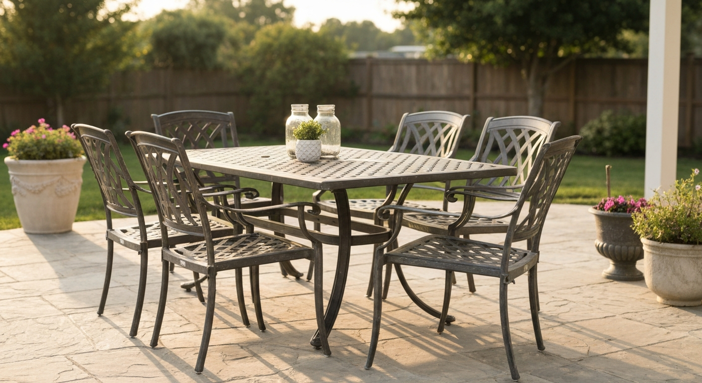 Photorealistic cast-aluminum dining set on a sunlit patio, showing durable construction and mild weathering of the powder-coat finish.