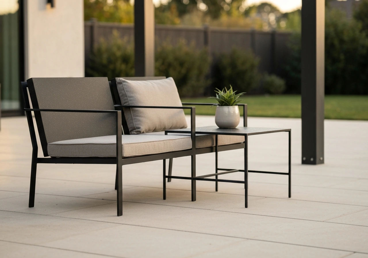 Modern matte black wrought-iron patio chair and side table with cushions in a contemporary backyard.
