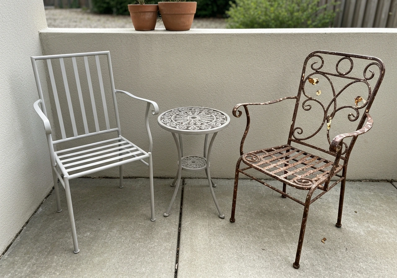 Two wrought iron patio chairs showing modern clean lines and damaged peeling/rust finish contrast.