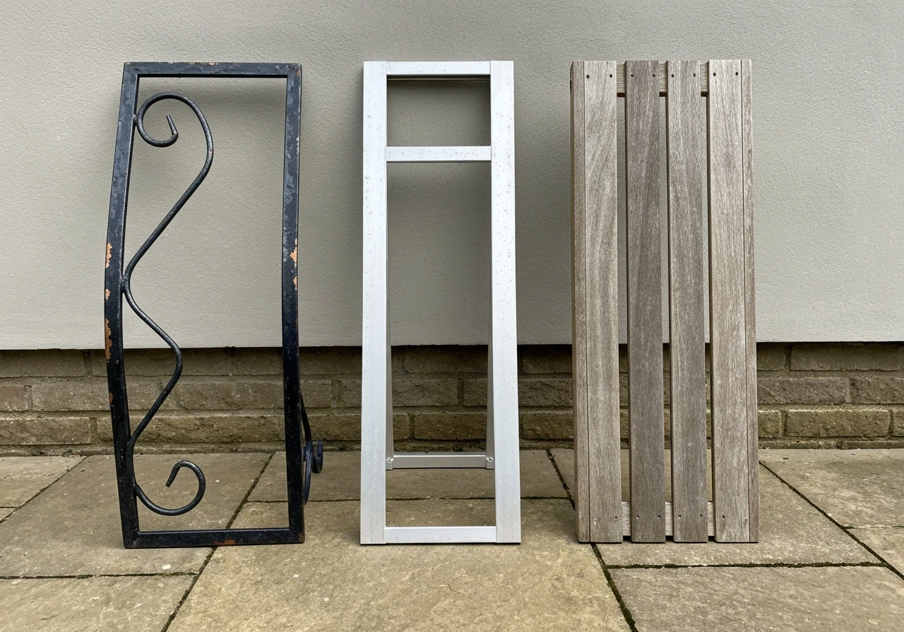 Wrought iron, aluminum, and weathered teak outdoors side-by-side showing different aging and maintenance cues.