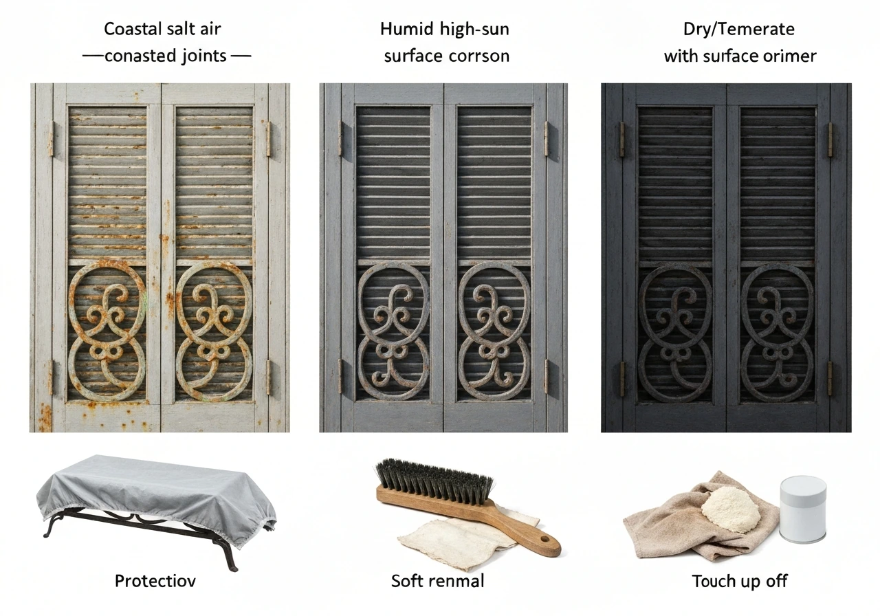 Three-panel photo showing wrought iron rust differences by climate and simple maintenance props.