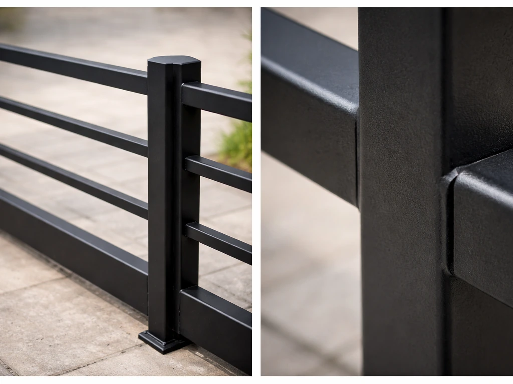 Close-ups of modern matte wrought iron with clean lines and a visible weld and powder-coat texture.