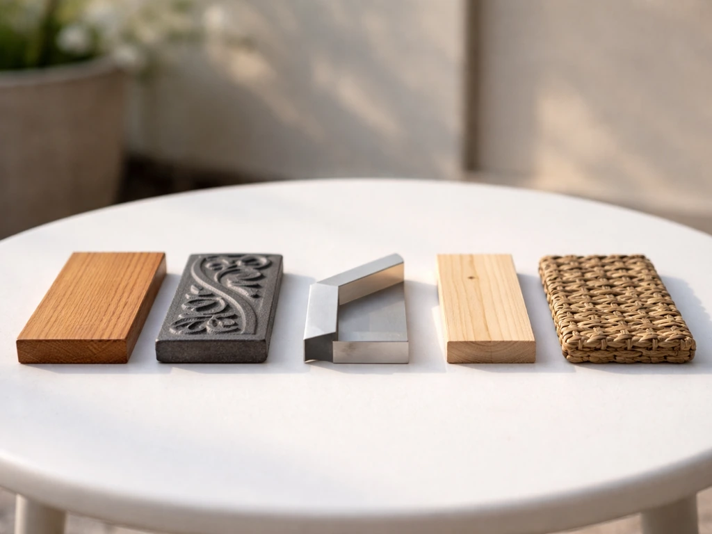 Minimal patio setting with neatly arranged material samples showing different lifespans conceptually.