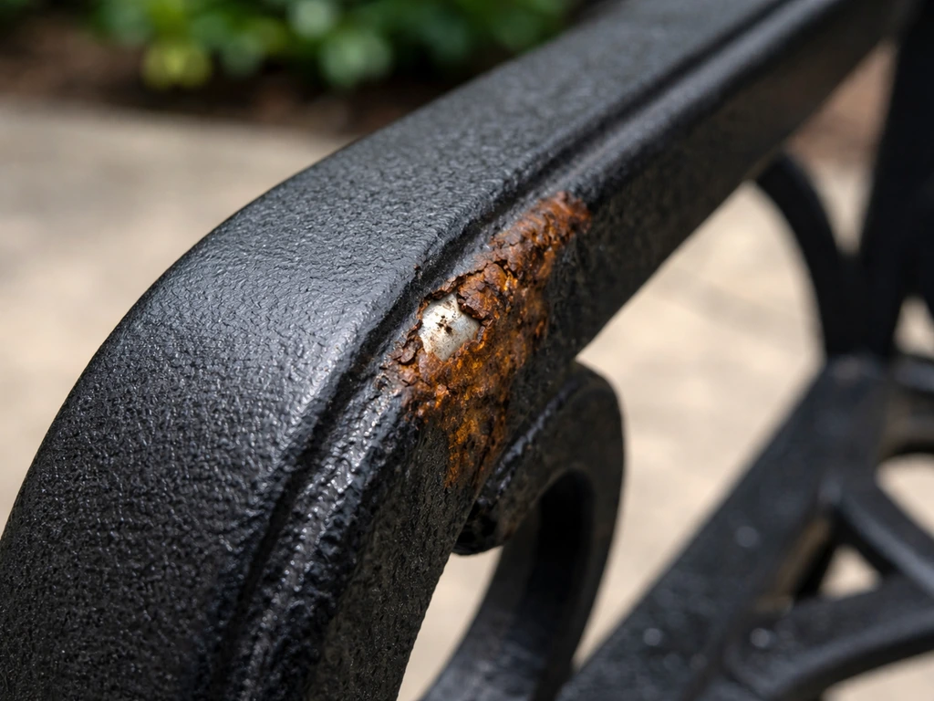 Cast iron patio chair showing intact protective coating next to a small chipped area with early rust.