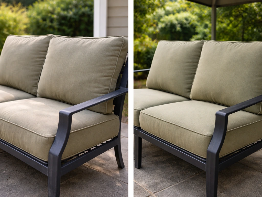 Side-by-side patio furniture showing sun damage on one side and protected, less-faded fabric on the other.
