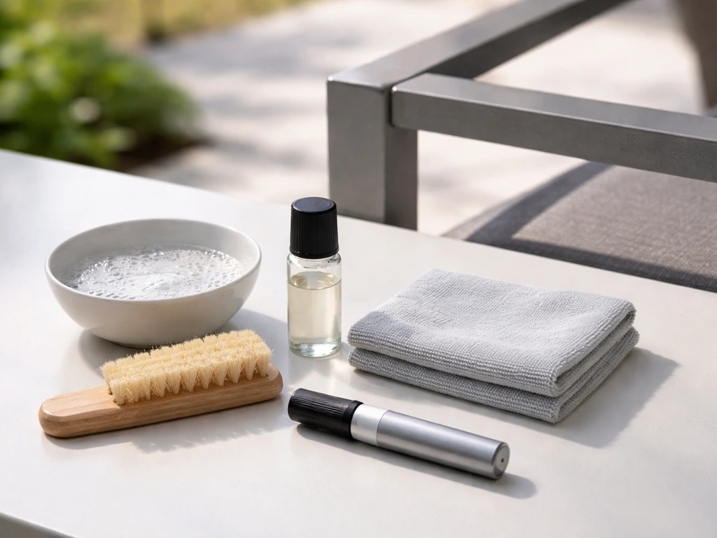 Cleaning and maintenance kit items—mild soap, soft brush, microfiber cloth, sealant, and touch-up paint—on a bench.