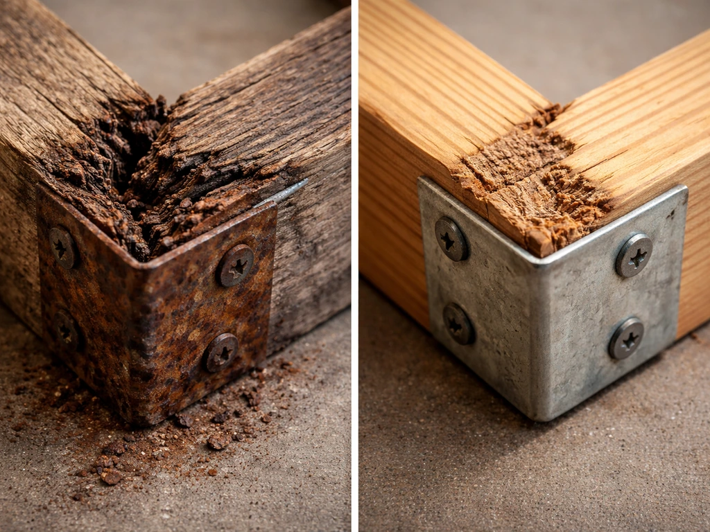 Close-up of a wood joint with rot and rusted metal frame section beside a solid, intact joint