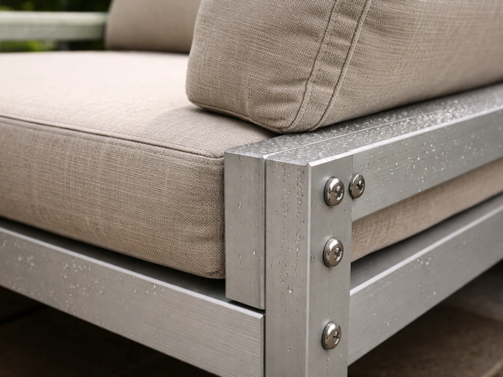 Close-up of patio furniture cushions and aluminum frame hardware outdoors, showing quality details.