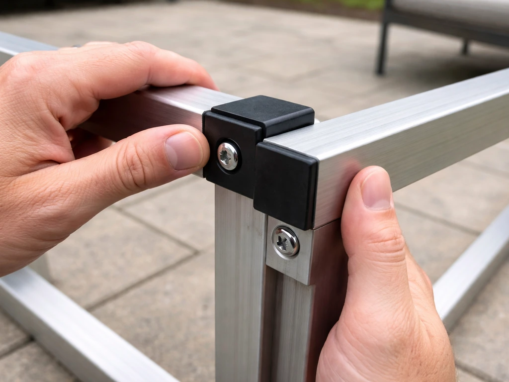 Anonymous hands inspecting a patio set’s metal frame joint and tubing connection up close outdoors.