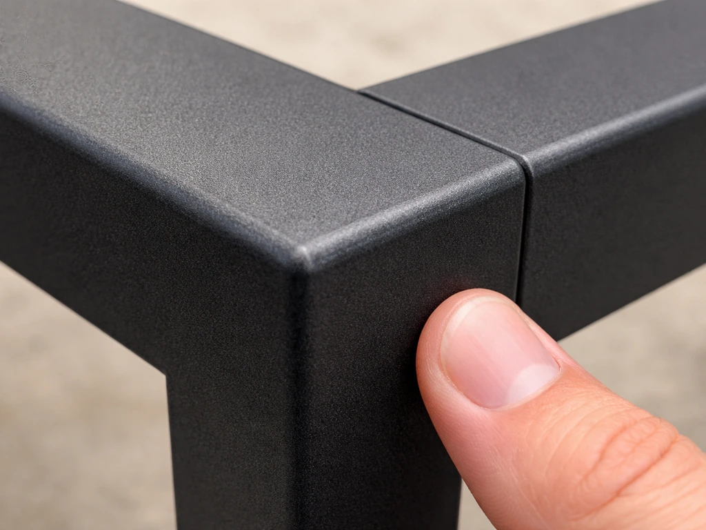 Close-up of a powder-coated metal joint with an even finish and clean edges, no drips or missed spots.