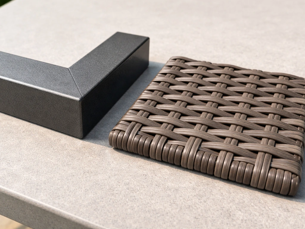 Close-up side-by-side aluminum powder-coated sample and wicker/resin rattan weave sample materials.