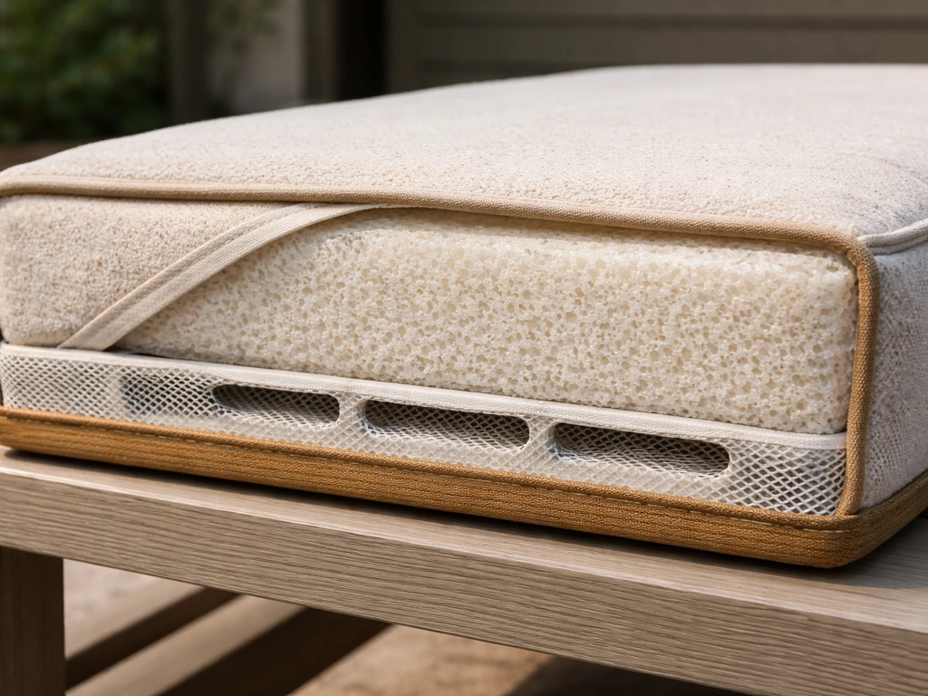 Close-up of an outdoor cushion interior showing foam fill and drainage venting for quick-dry