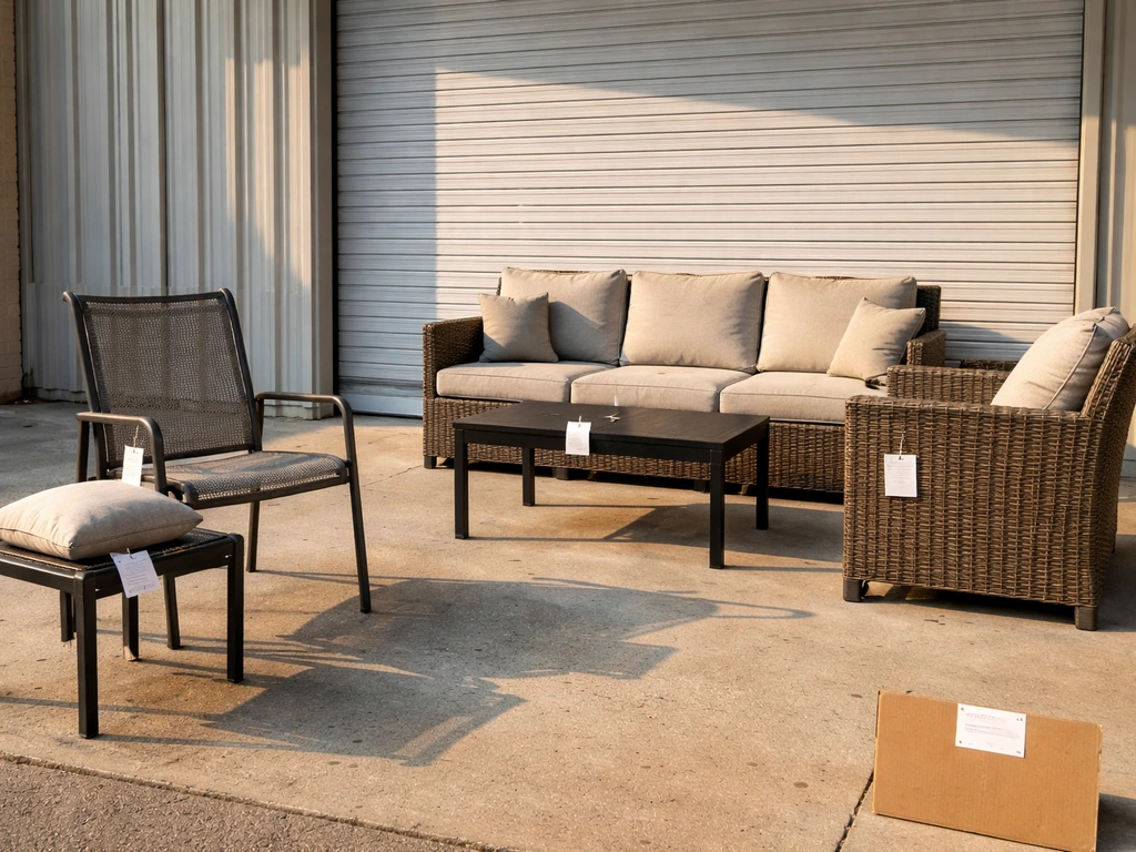 Patio furniture display table outside a warehouse storefront with seasonal goods and small price tags