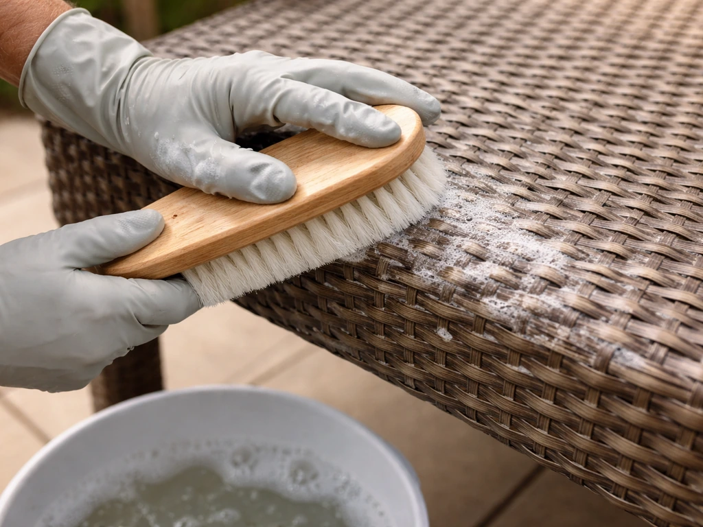 Hands gently scrubbing an outdoor wicker resin chair with mild soapy water and a soft brush