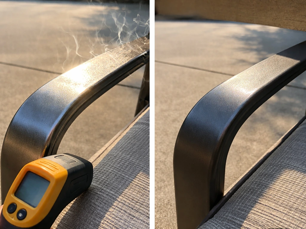 Aluminum patio armrest in harsh sun with heat shimmer beside the shaded cooler section.