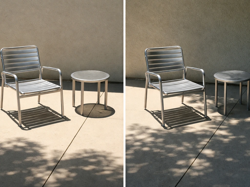 Aluminum patio chairs in full south/west sun beside similar shaded chairs, showing harsher vs cooler placement.