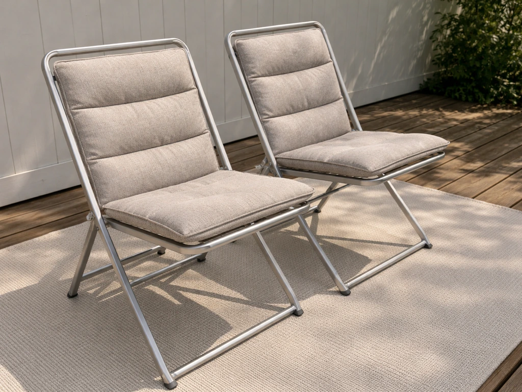 Aluminum outdoor chairs with breathable cushions and an outdoor mat beneath in warm sunlight.