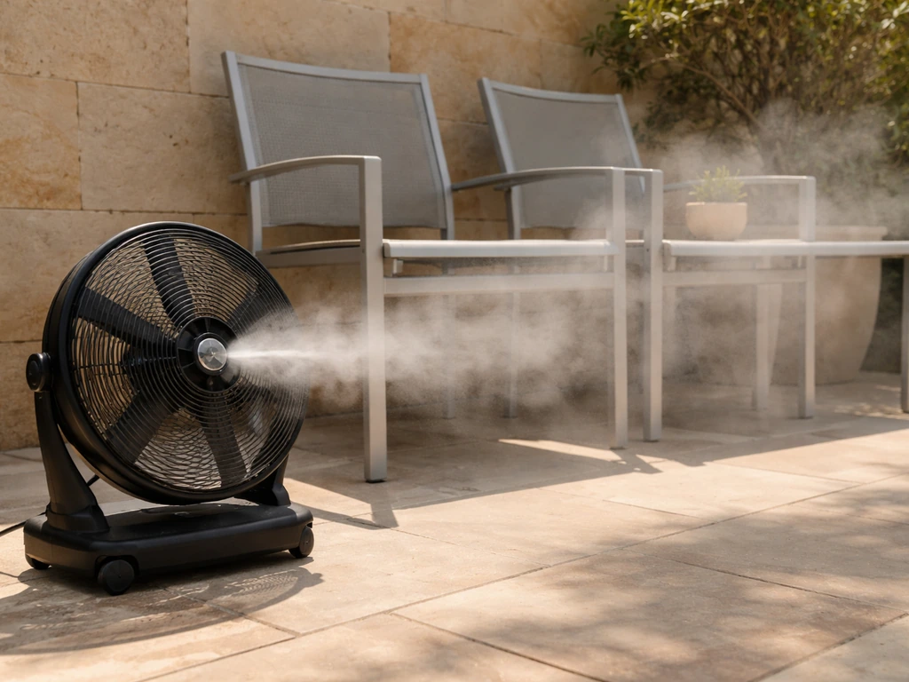 Portable misting fan blowing fine mist toward outdoor aluminum patio seating in hot weather.