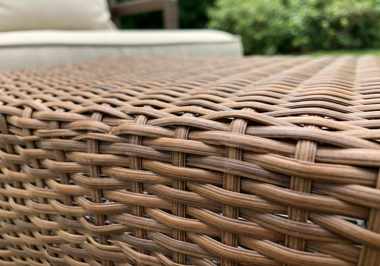 Close-up of synthetic wicker strands outdoors, showing detailed weave and resin texture.