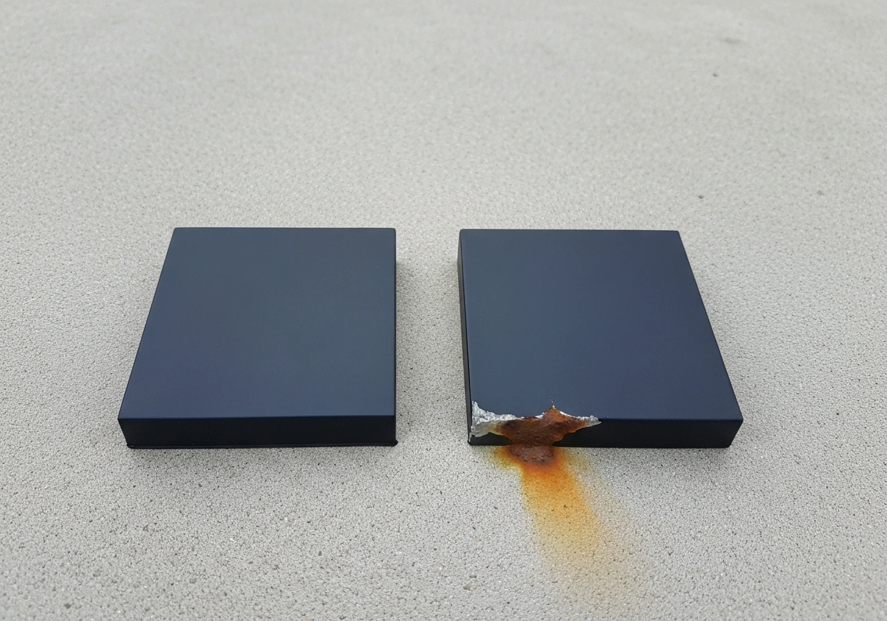 Two powder-coated metal samples side-by-side: intact matte finish versus chipped edge with a rust spot.