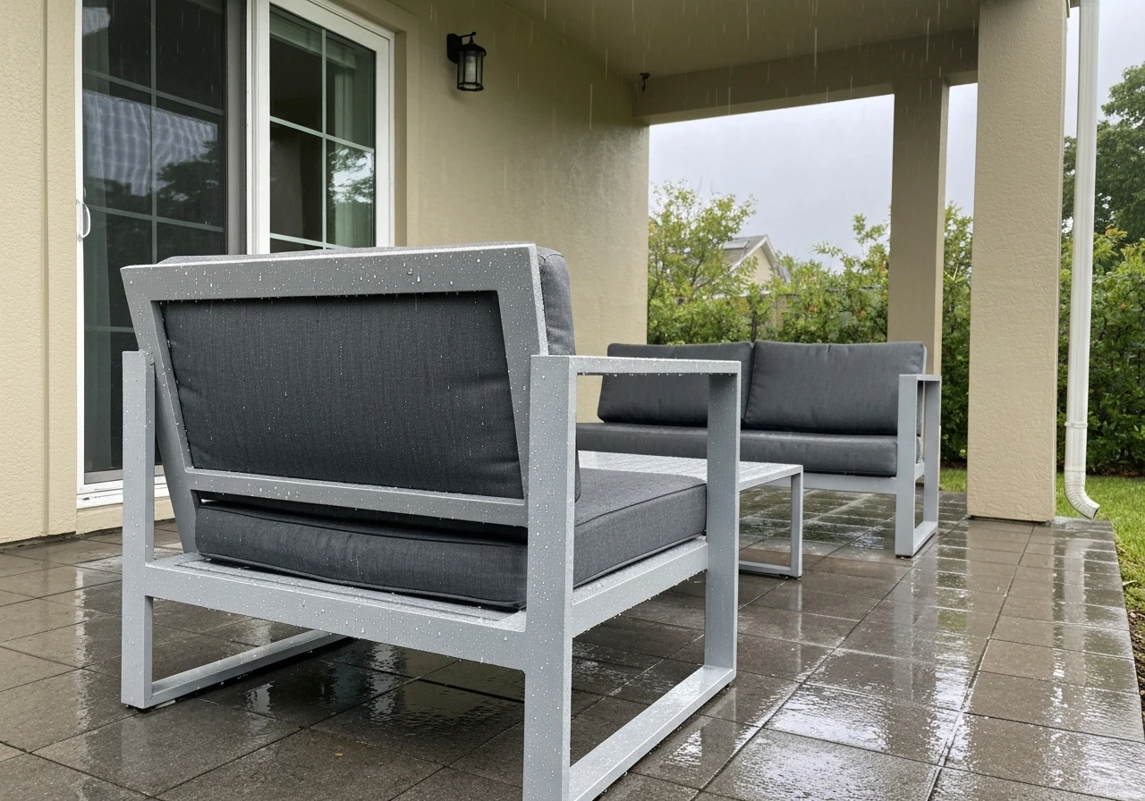 Covered patio seating with moisture-beading waterproof cushions and damp aluminum frames in rainy humid weather.