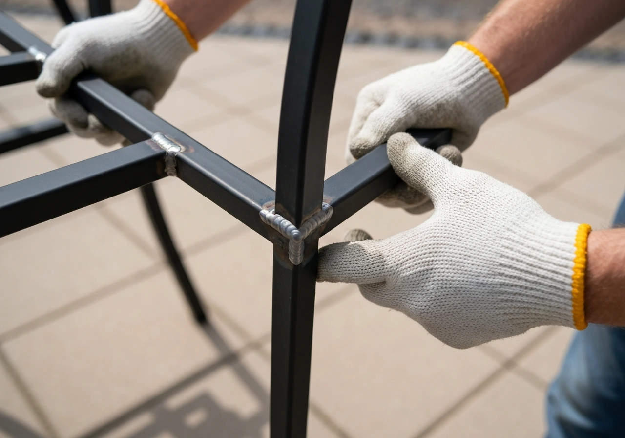 Close-up of hands inspecting welds and corner joints on a patio chair frame.