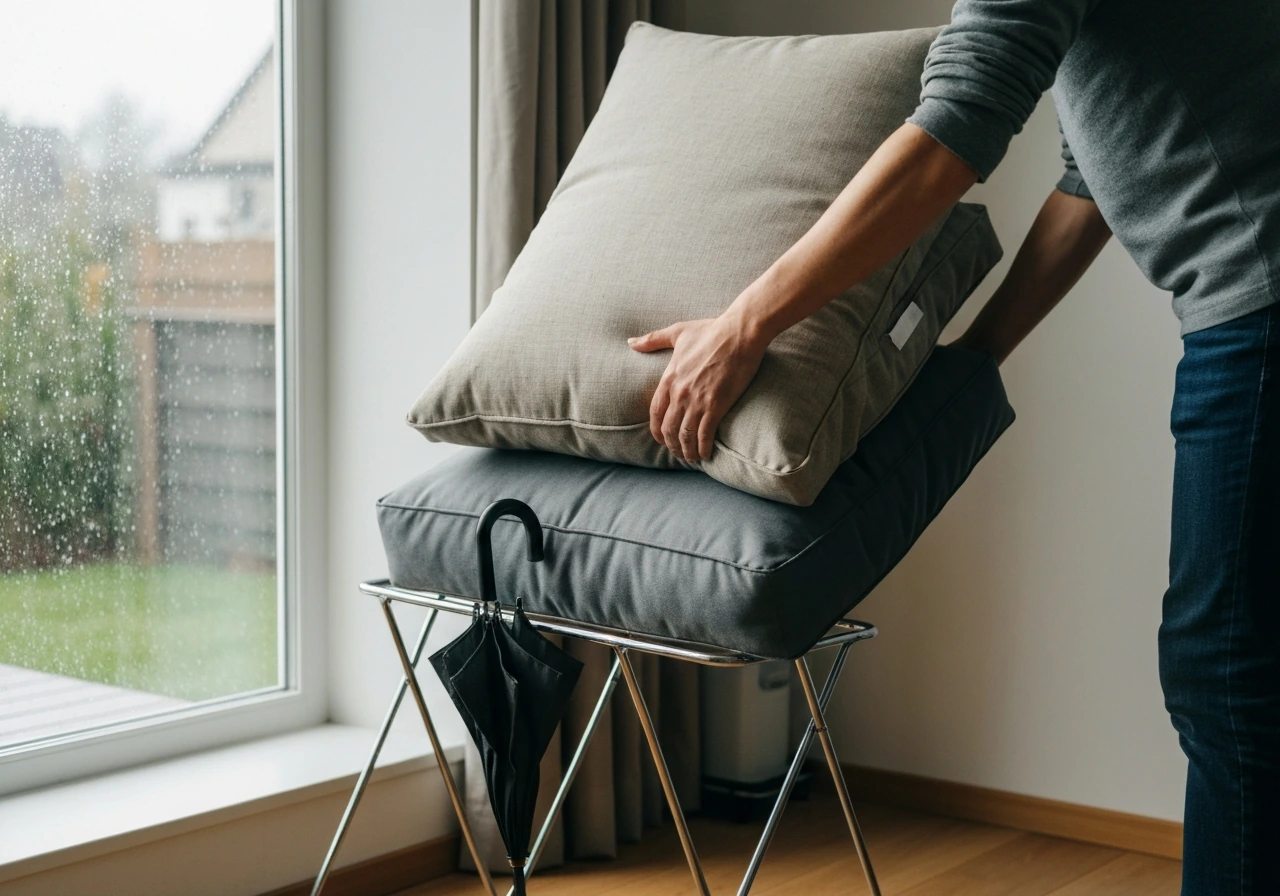 Hands removing outdoor cushions and placing them on an indoor storage rack during rainy weather.