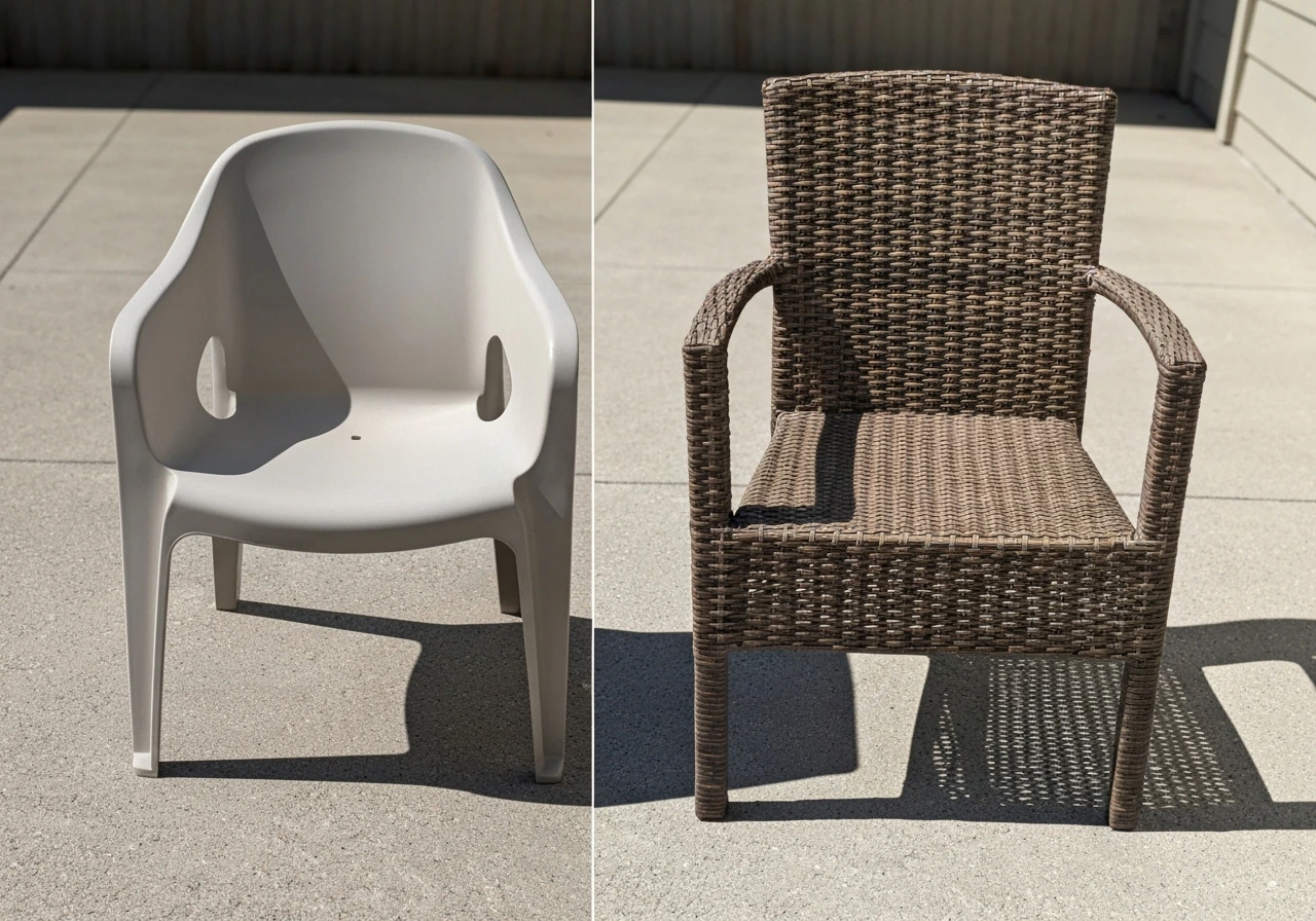 Side-by-side molded resin chair and resin wicker-style chair showing different outdoor materials.