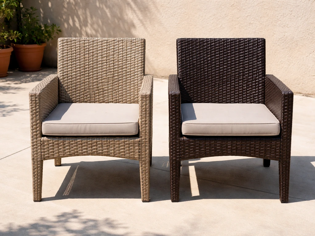 Two patio chairs in full sun: one faded PVC-look wicker beside brighter HDPE resin wicker.