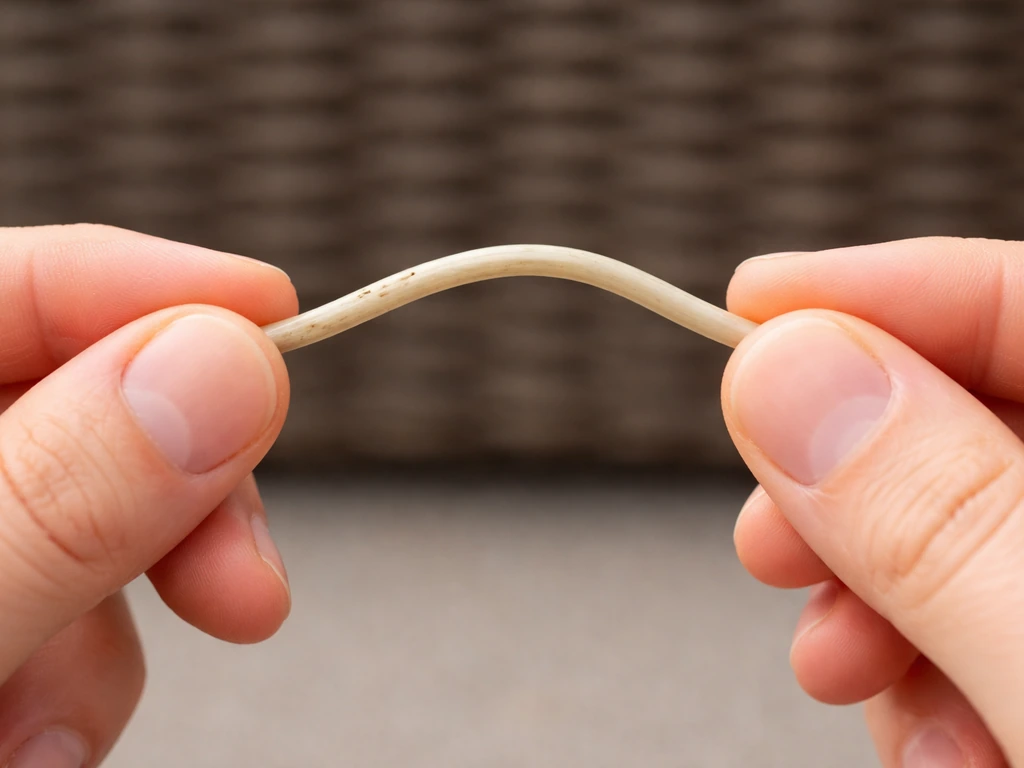 Close-up of hands flexing a waxy, firm HDPE strand that bends without cracking.