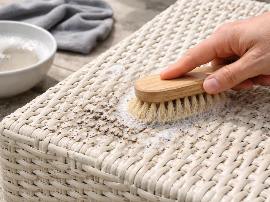 Close-up of a soft brush scrubbing soapy water into wicker weave, lifting dirt from gaps.
