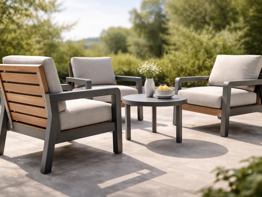 Premium patio set with high-quality chairs in teak, aluminum, and HDPE tones on a sunlit terrace