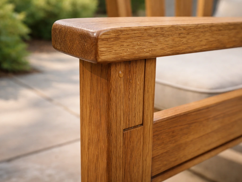 Close-up of teak patio chair joinery with water beads on premium wood grain.