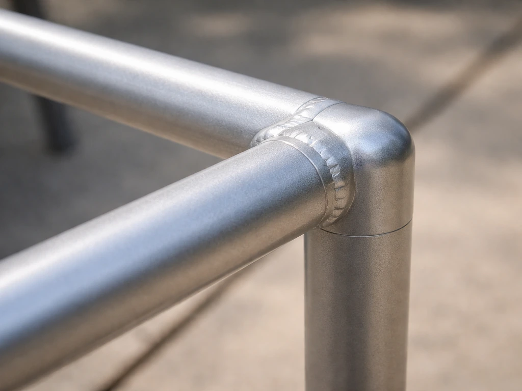 Close-up of a welded aluminum patio chair frame joint with a protective coated finish outdoors.